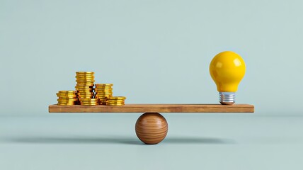 Balance scale with coins and light bulb representing smart investment
