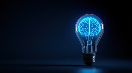A light bulb with a glowing brain inside, representing creativity, innovation, and bright ideas, vibrant blue neon background.