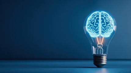 A light bulb with a glowing brain inside, representing creativity, innovation, and bright ideas, vibrant blue neon background.
