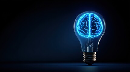 A light bulb with a glowing brain inside, representing creativity, innovation, and bright ideas, vibrant blue neon background.