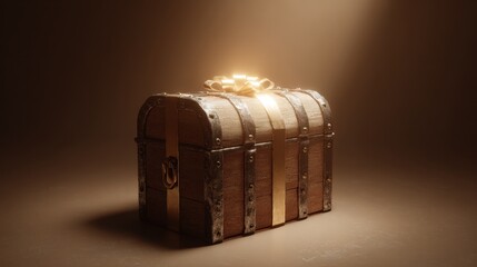 A mysterious treasure chest wrapped as a gift, emitting a golden glow.
