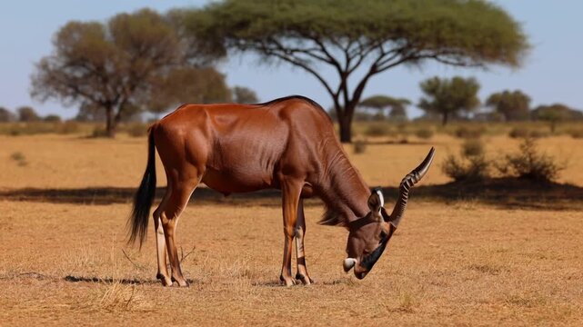 A beautiful sable antelope grazing peacefully in the African savanna Stock Video