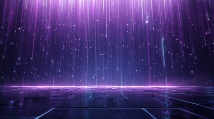 Empty futuristic space with glowing vertical purple light streaks like digital rain over a neon grid reflective floor, atmospheric and mysteriously awe-inspiring