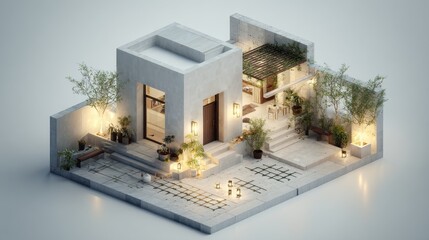 Fototapeta premium A small modern minimalist house isometric perspective, 3D model miniature.