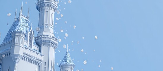 Architectural illustration of a white castle with falling snowflakes on a blue backdrop