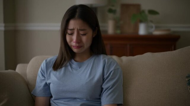 A person expressing sadness, seated on a couch with tears flowing Stock Video