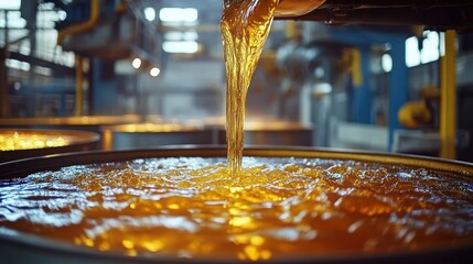 Glowing amber liquid pouring into large industrial drum inside a factory, bubbling reflective surface and warm lights conveying dynamic industrial energy