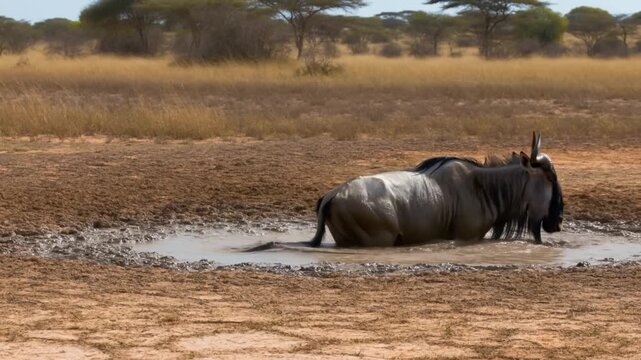 Wildebeest relaxing in a muddy waterhole in savanna environment. Two wildebeest sit in muddy water during the heat of the day. They have a brown coat and impressive horns. Stock Video
