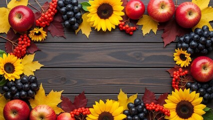 Autumn Harvest Frame with Fruits and Flowers on Rustic Wooden Background