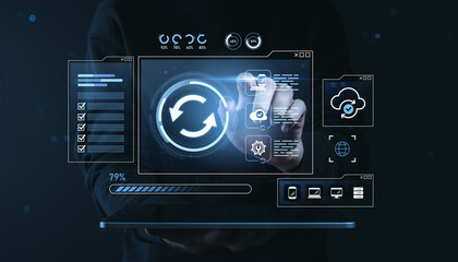 Digital interface showing cloud synchronization and data management concept on futuristic screen with hand interaction on dark background.