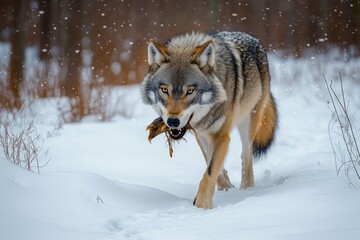Naklejka premium Gray wolf walking through a snowy forest carrying a small bird in its jaws, intense focused stare and paw prints trailing in the snow as flakes fall