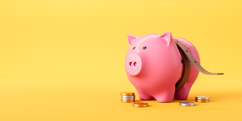 Pink piggy bank with tightened belt and scattered coins symbolizing financial savings crisis on yellow background. Creative economic concept scene. 3D Rendering