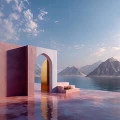 Serene Landscape with Geometric Architecture and Reflections in Calm Water Under a Vast Sky