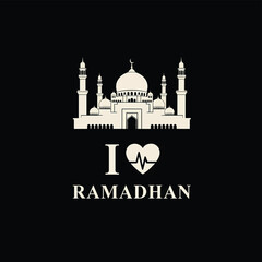 A black background with a white mosque silhouette and "I love Ramadhan" text with a heartbeat symbol.