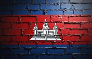 Cambodia flag painted on rough brick wall. Red and blue stripes with Angkor Wat temple image create a textured, patriotic background. Surface is weathered.