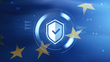 Cybersecurity shield hologram with digital checkmark and EU flag stars on blue background symbolizing data protection concept in Europe. © ImageFlow