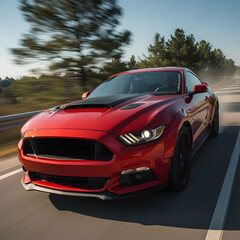 Naklejka premium Sleek crimson performance coupe driving quickly down a beautiful winding road