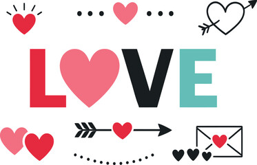 Modern LOVE Typography Illustration with Hearts Arrows and Love Letter