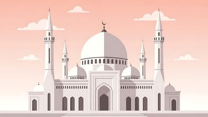 Fototapeta premium Symmetrical Flat Mosque Facade Vector Illustration Pastel Sky