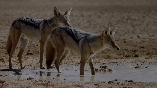 Two black-backed jackals stand in the arid landscape near water, their sharp ears alert and posture of cautiousness. The scene evokes a sense of wilderness survival Stock Video