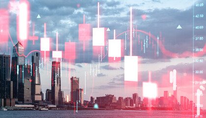 Stock market crash chart concept with red candlesticks over Manhattan skyline in New York at sunset in financial crisis context.
