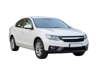 White sedan car with sleek modern design and chrome accents on front grille