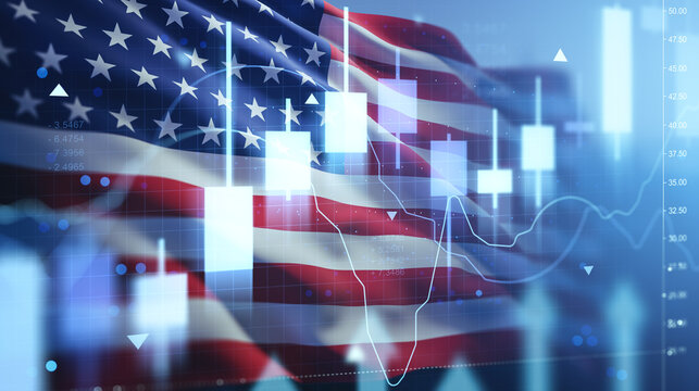 Financial trading candlestick chart and line graph overlaid on waving USA flag background showing investment and market concept in digital style.