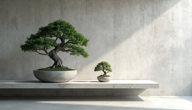 Two miniature bonsai trees sit on a minimalist concrete shelf indoors. A large tree with twisted trunk is beside a small green sapling. Natural light streams through window casting shadows on wall.