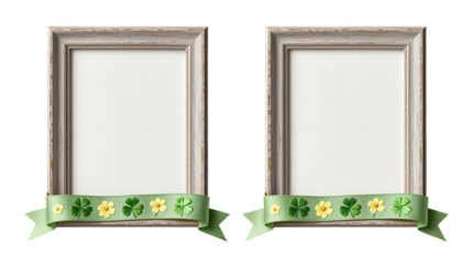 Two vintage frames with decorative green ribbon