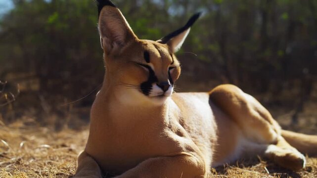 A relaxed caracal cat basking in the sun in its natural habitat Stock Video