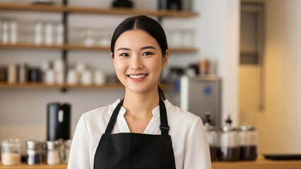 A Smiling Young Woman in a Black Apron Stands in a Modern Coffee Shop, Ready to Serve Customers With a Friendly Demeanor