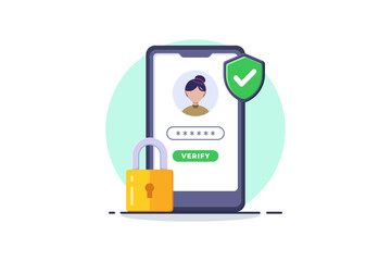 Vector illustration of Smartphone Verification Screen With Password Field, Shield Badge, And Padlock Security Icon, symbolizing digital security, authentication, and secure login for apps and services