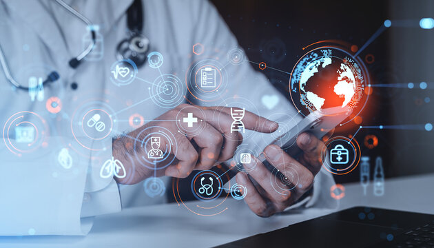 Futuristic healthcare technology concept with doctor using smartphone and global hologram interface on digital background showing medical innovation.. - Powered by Adobe
