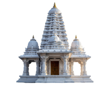White temple shrine with tiered spires and ornate columns standing on a stone platform