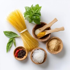 Fresh Ingredients for Culinary Creation Featuring Spaghetti, Herbs, Spices, and Aromatic Seasonings on Bright Background
