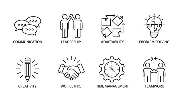 soft skills vector icons set with editable outlines, showing interpersonal and workplace success attributes such as communication, teamwork, problem solving, creativity, time management, leadership.