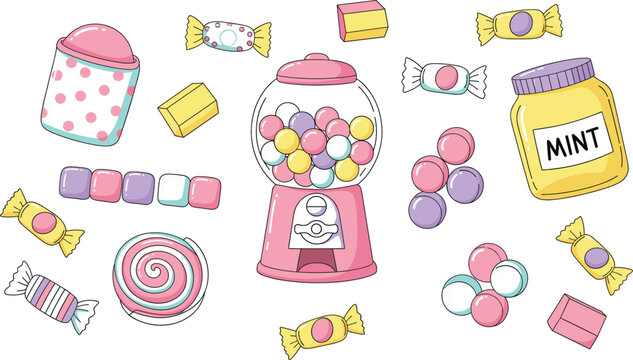 Cute candy and sweets icon set vector illustration with gumball machine pastel confectionery and playful dessert elements