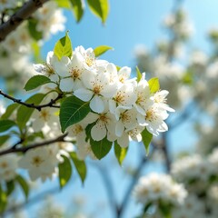 Branch with white pear blossoms against bright blue sky. Fresh green leaves unfurl on flowering tree in springtime garden. Sunlit petals detail macro shot.