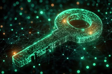 Glowing green digital wireframe key made of particles and connecting lines hovering above a network of nodes, futuristic mysterious and secure atmosphere