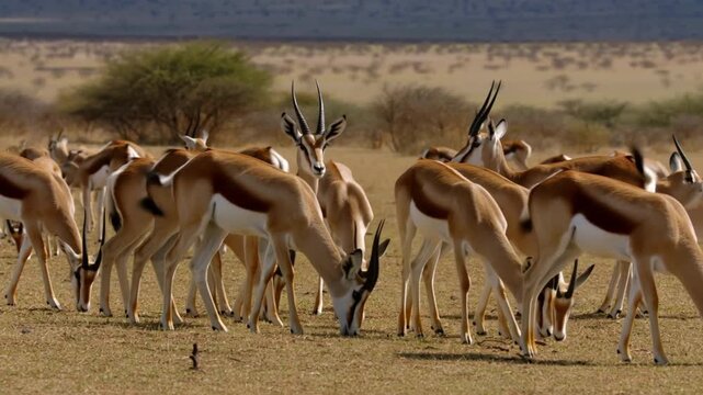 Herd of springbok grazing in the African savanna. The animals are peacefully eating grass, their elegant forms blending with the arid landscape Stock Video