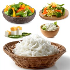 Fresh Asian Noodles with Colorful Vegetables and Tofu on White Background