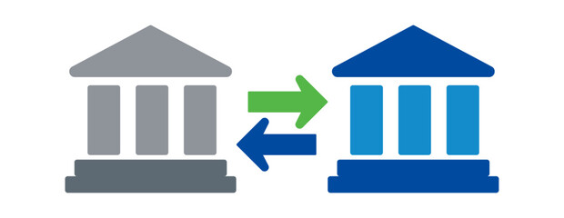 Stylized illustration of two bank buildings exchanging arrows, symbolizing financial transfer or collaboration.