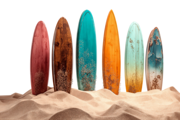Vibrant surfboards displayed side by side in sand isolated on transparent background