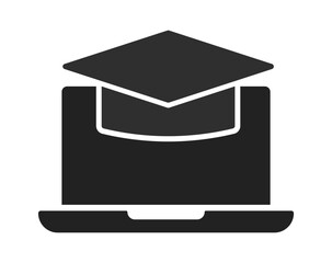A stylized black silhouette of a laptop with a graduation cap on top, symbolizing online education.