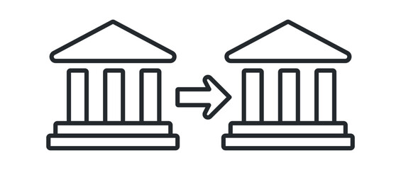 Illustration of two classical buildings with an arrow indicating transfer or movement between them.