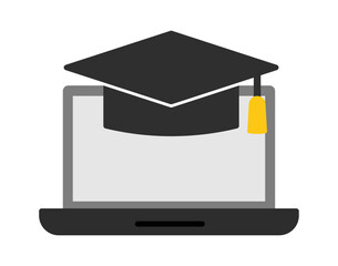 A laptop with a graduation cap representing online education and learning. The design is modern and minimalistic.