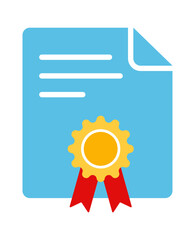 A blue document featuring a golden seal with red ribbons, symbolizing certification and achievement.