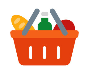 A simple and colorful illustration of an orange shopping basket filled with fresh groceries, including a loaf of bread, a bottle, and a red apple.