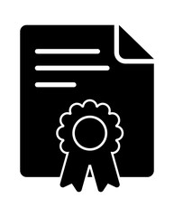 Black silhouette of a document with a ribbon seal, symbolizing accomplishment and certification.