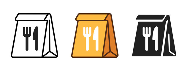 Stylized food packaging icons in black, white, and orange, featuring cutlery symbols.